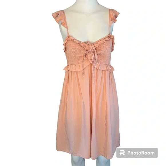 Cupshe Noelle Tie Frill Pink Smocked Chest Mini Dress Size Medium - Picture 2 of 11